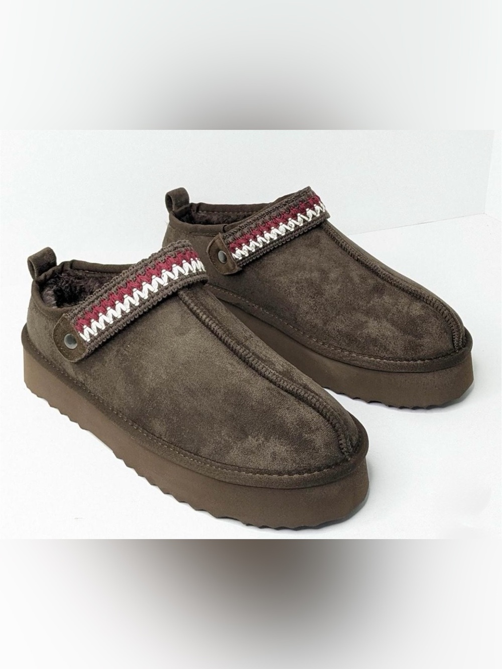 Women’s Brown FauxSuede Slip-On Loafers with Red & White Accent Strap Size 9